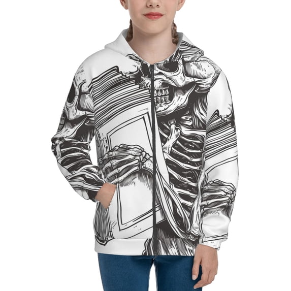 Naloa Skeleton Book Lover Teenage Zipper Hoodie, Long Sleeve Zip Up Hoodies Casual Jackets Tops for 7-12 Years-Medium