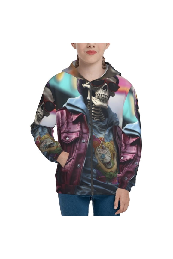 Skeleton Cool Street Fashion Teenage Zipper Hoodie, Long Sleeve Zip Up Hoodies Casual Jackets Tops for 7-12 Years-Medium
