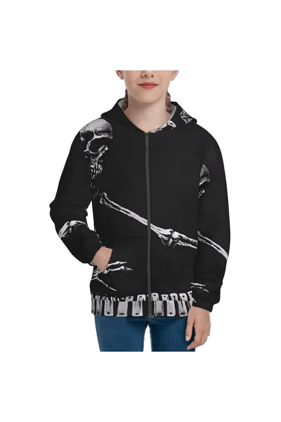 Skeleton Playing Xylophone Teenage Zipper Hoodie, Long Sleeve Zip Up Hoodies Casual Jackets Tops for 7-12 Years-Medium