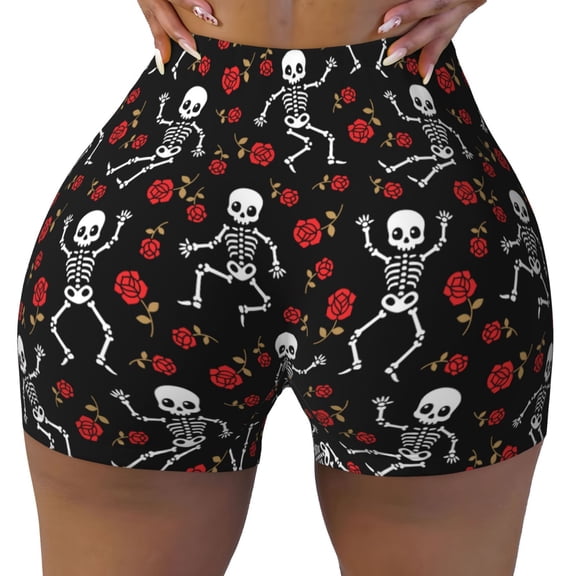Naloa Skeleton with Roses Biker Shorts for Women Seamless Scrunch Short Women’s Yoga Shorts for Gym Running Sport Shorts - X-Large
