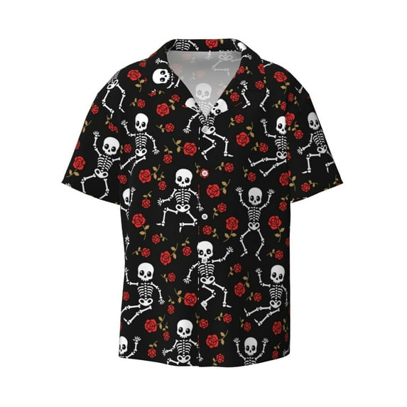 Naloa Skeleton with Roses Men's Loose Fit Cuban Collar Short-Sleeve Shirt with Button-down and Chest Pocket for Everyday Wear Outings - XX-Large