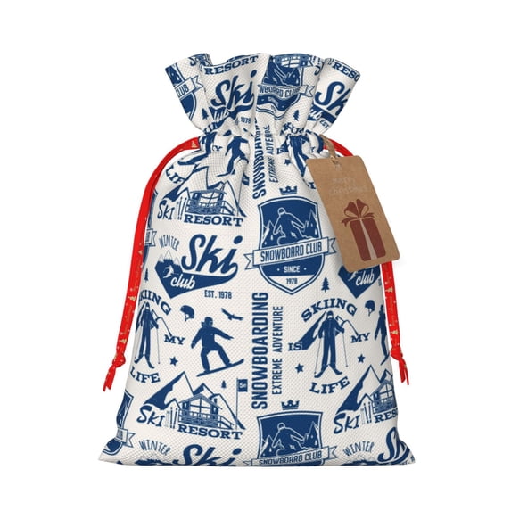 Naloa Skiing Enthusiast Drawstring Christmas Bags, 3D Xmas Gift Bags, Christmas Wrapping Bags, Xmas Goodie Bags, Treat Pouch Bags, Party Favor Bags-Medium
