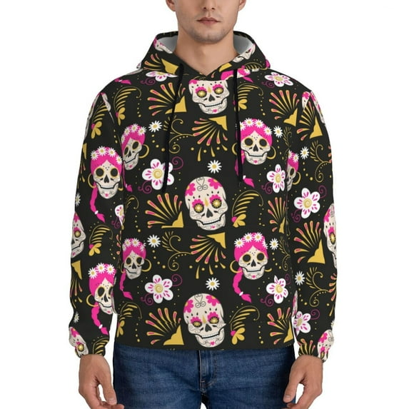 Naloa Skull Daisy Men's Casual Hooded Collar Drawstring Hoodies Pullover Sweatshirts Casual Long Sleeve Shirts-4X-Large