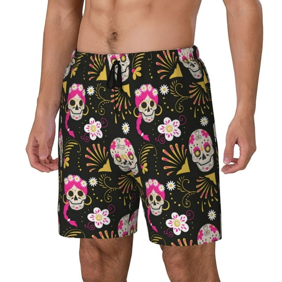 Naloa Skull Daisy Print Men Swim Trunks with Compression Liner ,Board Shorts,Men's Swim Shorts with Drawstring and Elastic Waistband-XX-Large