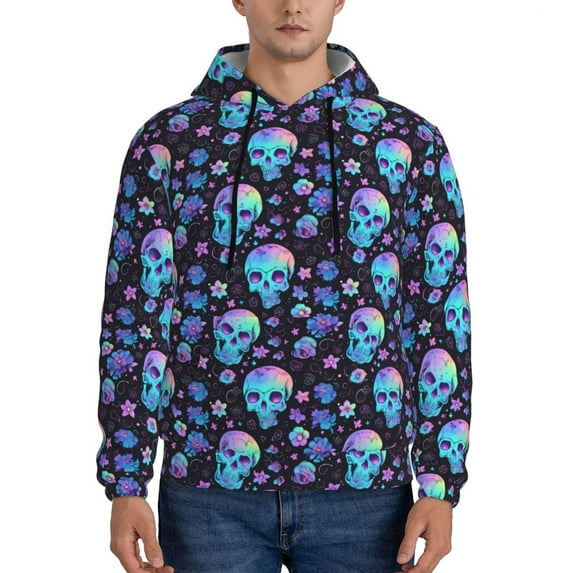 Naloa Skull Flower Blue Men's Casual Hooded Collar Drawstring Hoodies Pullover Sweatshirts Casual Long Sleeve Shirts-4X-Large