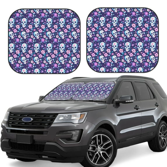 Naloa Skull Purple Flower Print 2-Piece Windshield Sunshade,Foldable Car Front Window Sun Shades,for Most Sedans SUV Truck-Large
