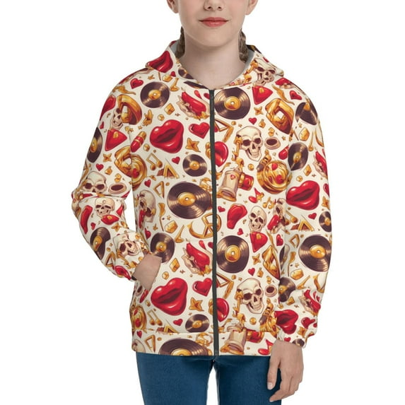 Naloa Skull Retro record lips Teenage Zipper Hoodie, Long Sleeve Zip Up Hoodies Casual Jackets Tops for 7-12 Years-Medium