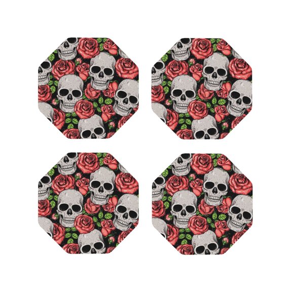 Naloa Skull and Roses Leather Coasters for Drinks, Durable Drink Coasters 4 Set for Tabletop Protection, Luxurious Home Décor and Housewarming Gift ( {designName})Octagon