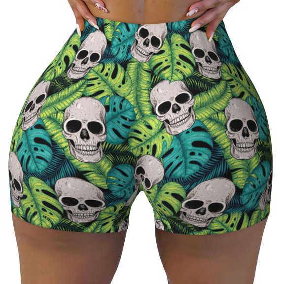 Naloa Skull and Palm Leaves Biker Shorts for Women Seamless Scrunch Short Women’s Yoga Shorts for Gym Running Sport Shorts - Small