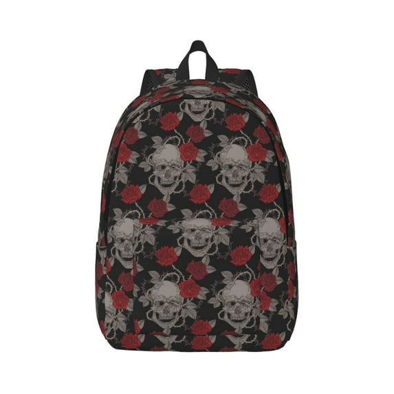 Naloa Skull and Red Roses Canvas Backpack for Men Women Rucksack Casual Travel Daypack College Tote Satchel Bookbag for Teens-Medium