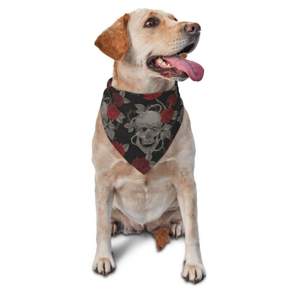 Naloa Skull and Red Roses Dog Bandanas 1PC Washable Triangle Dog Scarfs Premium Durable Fabric, for Small Medium Large Dogs and Cats