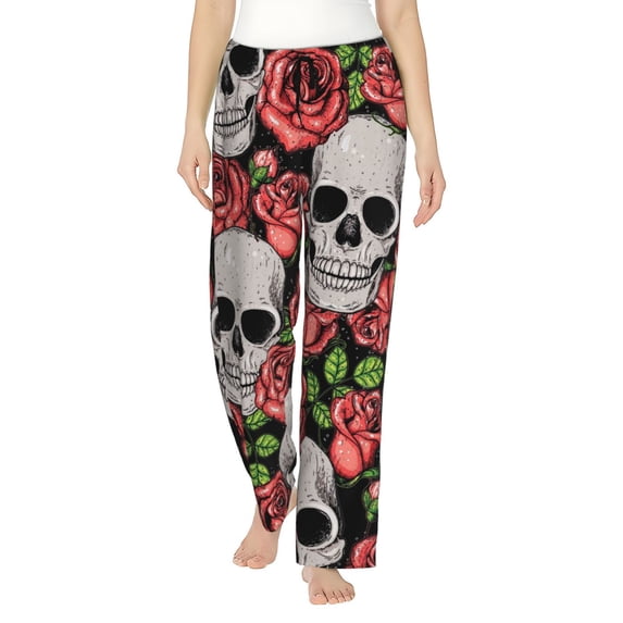 Naloa Skull and Roses Print Women’s Ultra-Soft Comfy Pajama Lounge Pants with Pockets & Drawstring