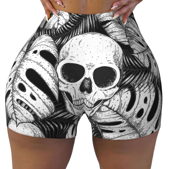 Naloa Skull and palm leaves Biker Shorts for Women Seamless Scrunch Short Women’s Yoga Shorts for Gym Running Sport Shorts - Small