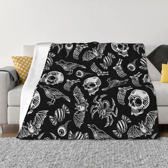 Naloa Skull bird bat spider Flannel Blankets - Thick and Warm Blanket for Winter, Soft Fuzzy Plush King Blanket for All Seasons50"x40"