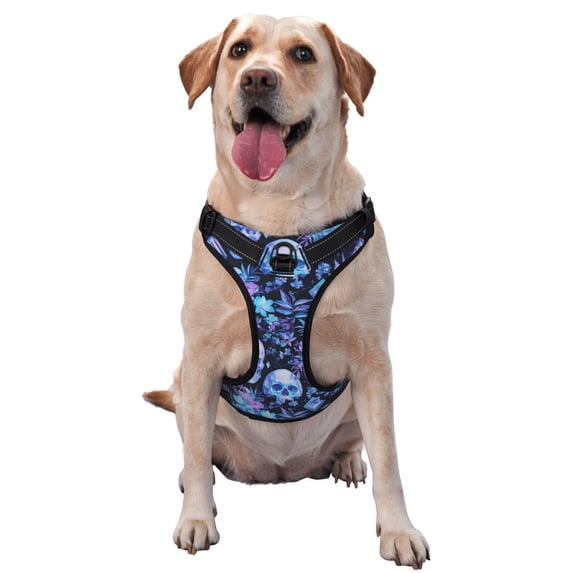 Naloa Skull blue crystal flower Pet Harness Vest with Traction Rope, Adjustable No-Choke Dog Vest for Outdoor, Walking - X-Large