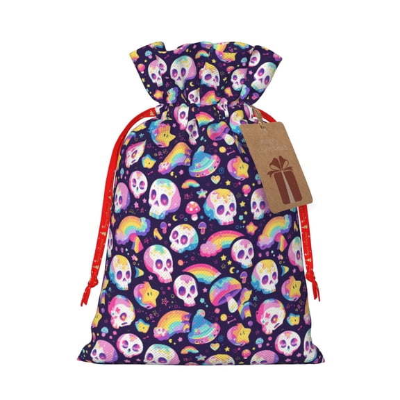 Naloa Skull colorful mushroom rainbow Drawstring Christmas Bags, 3D Xmas Gift Bags, Christmas Wrapping Bags, Xmas Goodie Bags, Treat Pouch Bags, Party Favor Bags-Medium