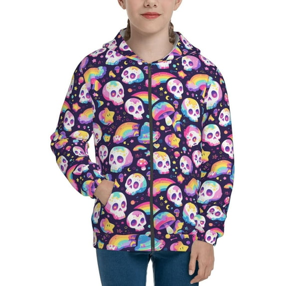 Naloa Skull colorful mushroom rainbow Teenage Zipper Hoodie, Long Sleeve Zip Up Hoodies Casual Jackets Tops for 7-12 Years-Medium