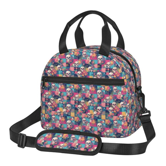 Naloa Skull flower leaf Plaid Print Lunch Bag for Women & Men Insulated Lunch Box or Cooler Lunch Tote Bags for Work, Travel, Outdoor