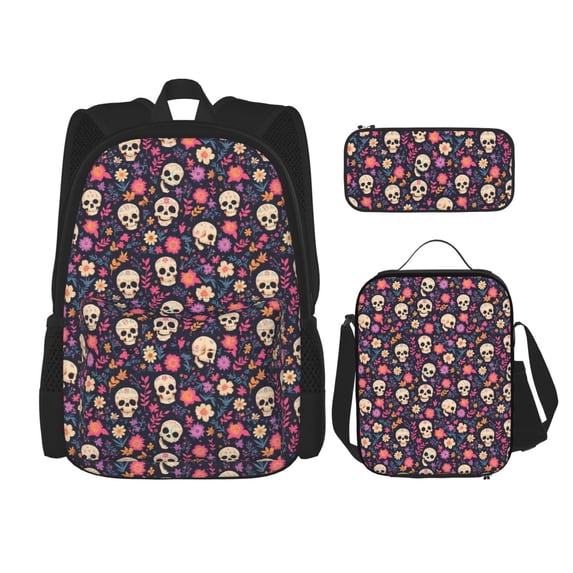 Naloa Skull flower leaf colorful Print Large Capacity Backpack Lunch Bag Pencil Case Combination 3 Piece Set for Student