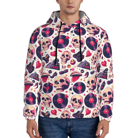 Naloa Skull lips record Guitar Men's Casual Hooded Collar Drawstring Hoodies Pullover Sweatshirts Casual Long Sleeve Shirts-4X-Large