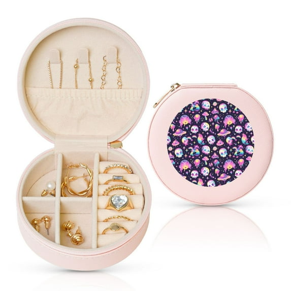 Naloa Skull mushroom space Round Jewelry Box, Travel Jewelry Organizer, 3.9 x 3.9 x 2in Jewelry Storage Box for Women-Pink