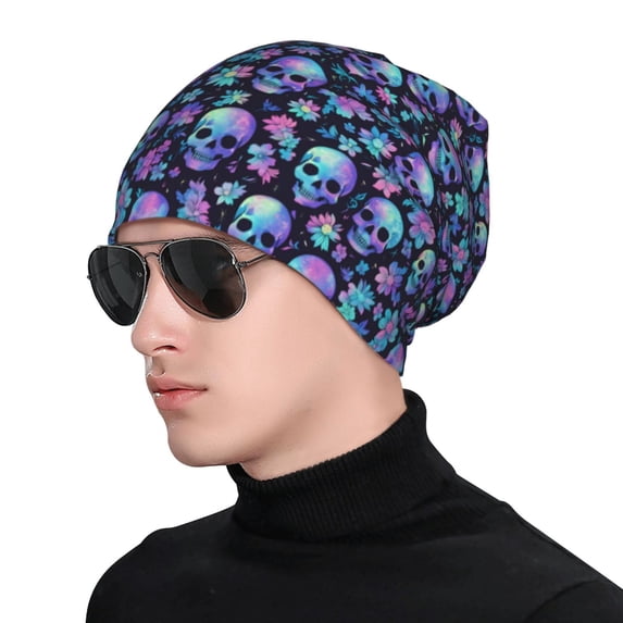 Naloa Skull purple flower Soft Beanie Hat, Knit Beanie Daily Beanie in Fine Knit for Women Men Winter Travel, Outdoor