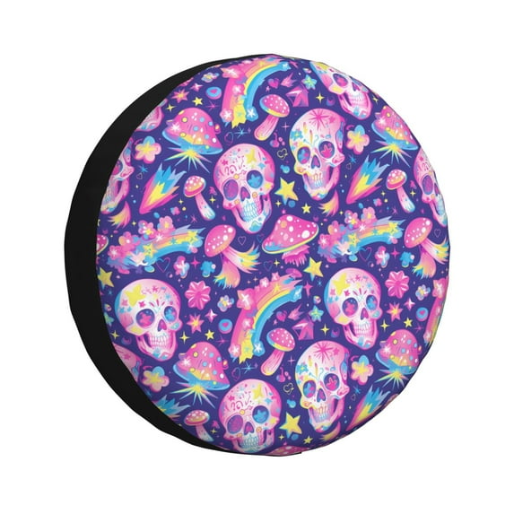 Naloa Skull rainbow mushroom colorful PVC Leather Spare Tire Wheel Cover for Car Truck SUV Camper Trailer Universal Fit many size15 inch