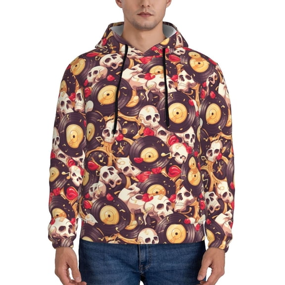 Naloa Skull record lips Men's Casual Hooded Collar Drawstring Hoodies Pullover Sweatshirts Casual Long Sleeve Shirts-Small