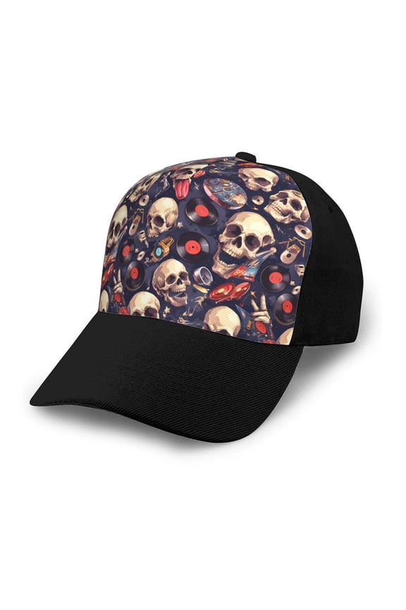 Skull record rock Adult adjustable Print Baseball Hat, Patchwork curved brim baseball capfor Men and Women, One Size