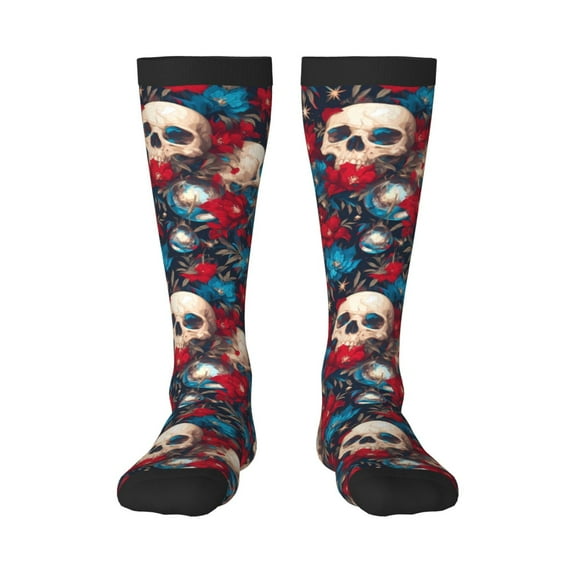 Naloa Skull red flower blue Thigh High Socks Extra Long Stretchy Sock Women Over Knee High Opaque Stocking Daily Wear