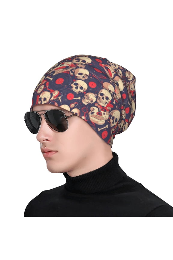Skull rock music record Soft Beanie Hat, Knit Beanie Daily Beanie in Fine Knit for Women Men Winter Travel, Outdoor