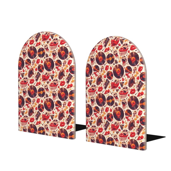 Naloa Skull rock record music heart 2 Pcs Bookend Large Capacity Office Book Ends for Home Office Library School Study Decoration