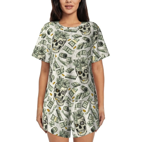 Naloa Skull with Cash Women's Short-Sleeved Pajama Set, Loungewear, Summer pajamas, Breathable Cozy - 4X-Large