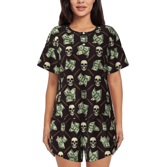 Naloa Skulls Gold Chains Dollar Women's Short-Sleeved Pajama Set, Loungewear, Summer pajamas, Breathable Cozy - Large