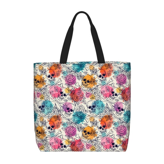 Naloa Skulls and Roses Tote Bag for Women, Foldable Tote Bag With Zipper, Large Shoulder Bag, Top Handle Handbag for Travel, Work, Shopping