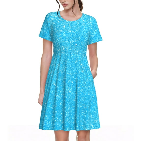 Naloa Sky Blue Glitter Print Womens Summer A-Line Dress with Pockets,Short Sleeve Dresses,Flowy Beach Swing Dress for Vacation Travel