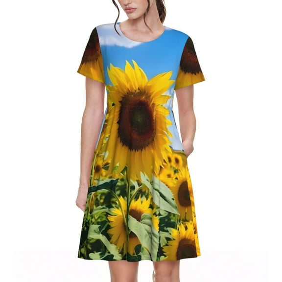 Naloa Sky Golden Sunflower Field B Print Womens Summer A-Line Dress with Pockets,Short Sleeve Dresses,Flowy Beach Swing Dress for Vacation Travel