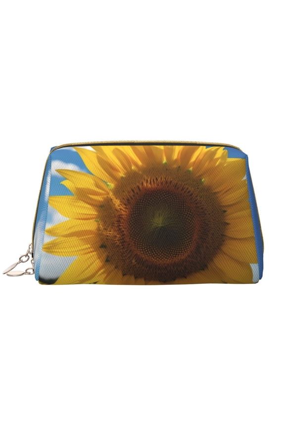 Sky Golden Sunflower Field Leather Makeup Bag for Purse Travel, Portable Small Cosmetic Organizer for Women and Girls, Make up Bag with Zipper