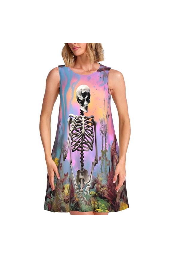 Sky Sunflower Skull Print Women's Summer Spring Casual Beach Sundress,Vacation Sleeveless Tank Crewneck Loose Dresses