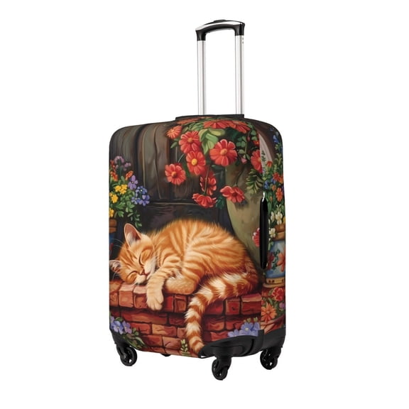 Naloa Sleeping Cat Flowers Elastic Suitcase Protector, Travel Suitcase Protector Cover Fits 18-32in Suitcase(No luggage included)-Small