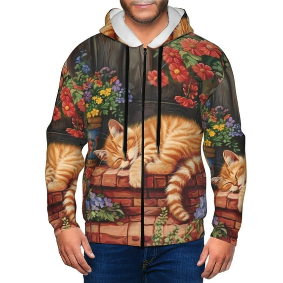 Naloa Sleeping Cat Flowers Men’s Hoodies, Zip up Hoodie, Sweatshirts,Hoodies for Men Sizes S-3XL-Large
