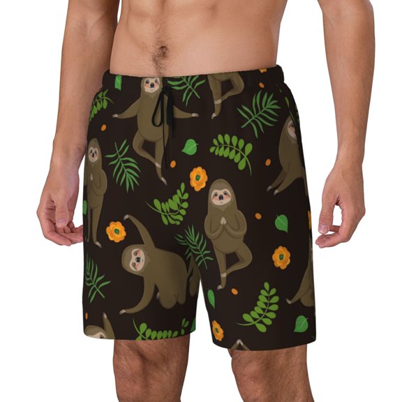 Naloa Sloth Doing Yoga Print Men Swim Trunks with Compression Liner ,Board Shorts,Men's Swim Shorts with Drawstring and Elastic Waistband-3X-Large