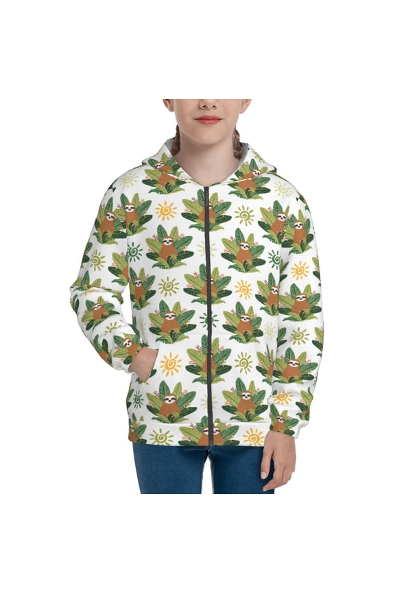Sloth Sitting Tropical Leaves Teenage Zipper Hoodie, Long Sleeve Zip Up Hoodies Casual Jackets Tops for 7-12 Years-Medium