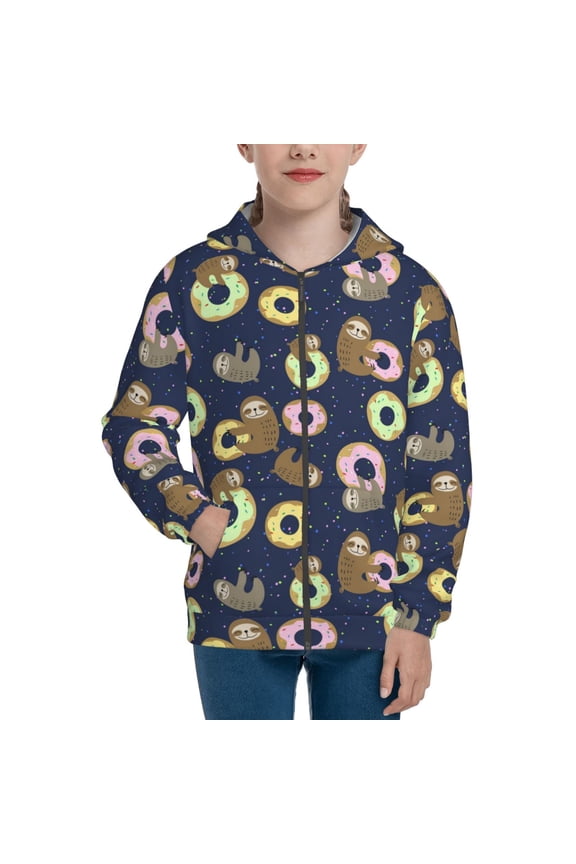 Sloth with Donuts Teenage Zipper Hoodie, Long Sleeve Zip Up Hoodies Casual Jackets Tops for 7-12 Years-Medium