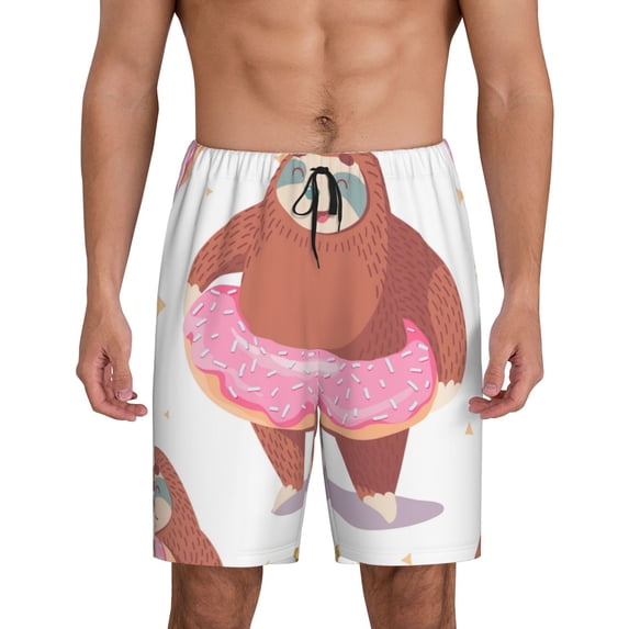 Naloa Sloth with Donuts1 Men's Short Pajama Pants, Lounge Comfort Shorts with Elasticized Waistband and Side Pockets - Small