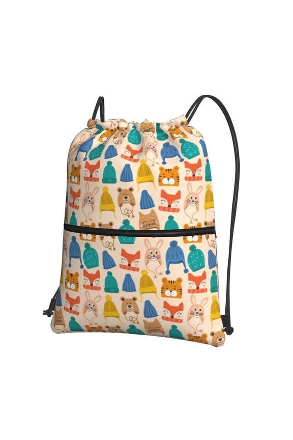 Small Animals with Knit Hat Pattern Drawstring Backpack String Bag Cinch Water Resistant for Gym Shopping Sport Yoga