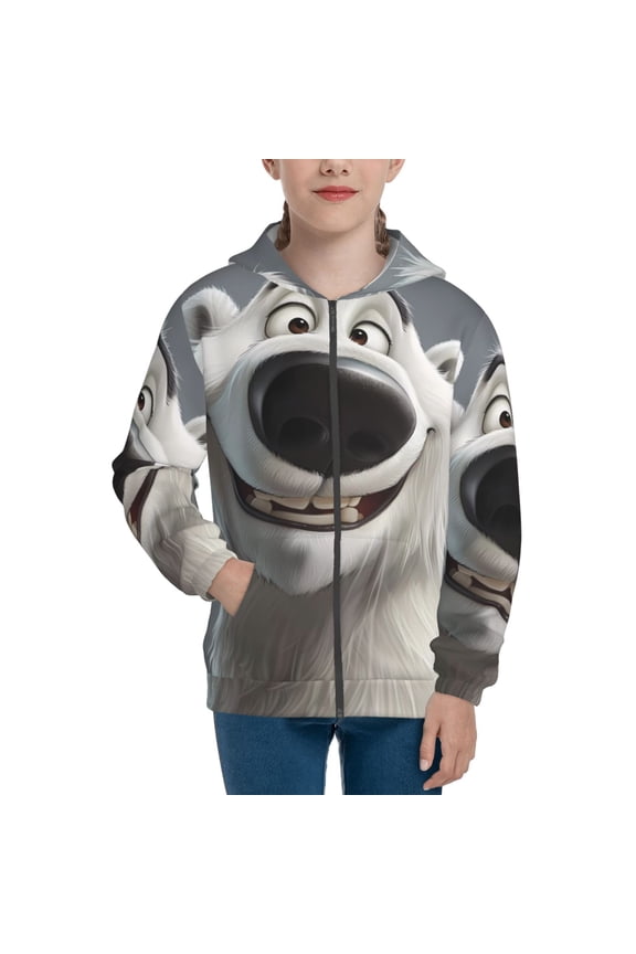 Smiling Polar Bear Teenage Zipper Hoodie, Long Sleeve Zip Up Hoodies Casual Jackets Tops for 7-12 Years-