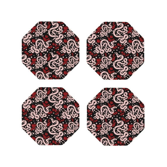 Naloa Snake And Rose Leather Coasters for Drinks, Durable Drink Coasters 4 Set for Tabletop Protection, Luxurious Home Décor and Housewarming Gift ( {designName})Octagon