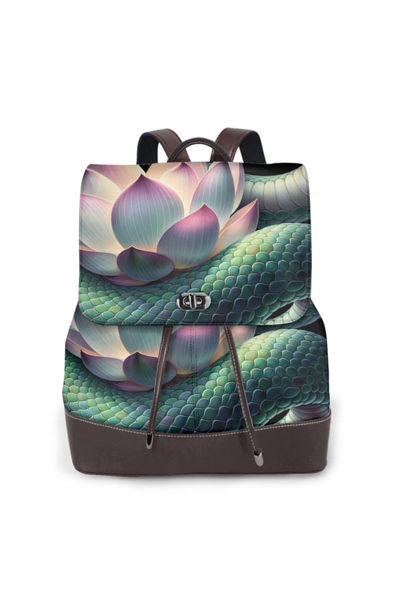 Snake Holding A Lotus Print Women's Leather Backpack,Travel Laptop Backpack,Fashion Ladies Leather Backpack Bag for Travel,Leather Drawstring Daypack for Me