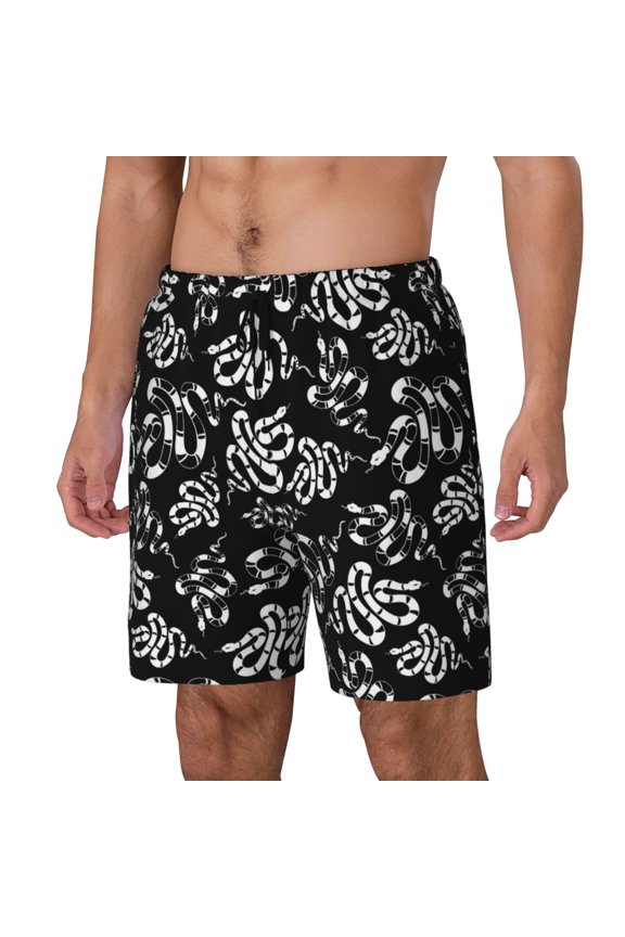 Snake Print Men Swim Trunks with Compression Liner ,Board Shorts,Men's Swim Shorts with Drawstring and Elastic Waistband-Large